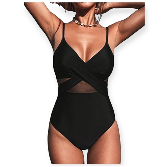 CUPSHE Women V Neck One Piece Swimsuit Wrapped Mesh Tummy Control Bathing Suit - Picture 1 of 6